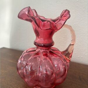Vintage Fenton Cranberry Melon Ruffled Glass Pitcher Carafe 6"
